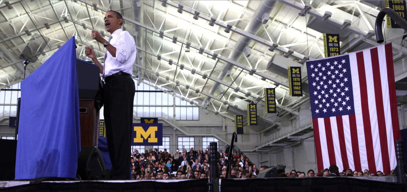 President Barack Obama continues to defend his college education proposal during his speech at the University of Michigan. (Eric Seals/Detroit Free Press/MCT )