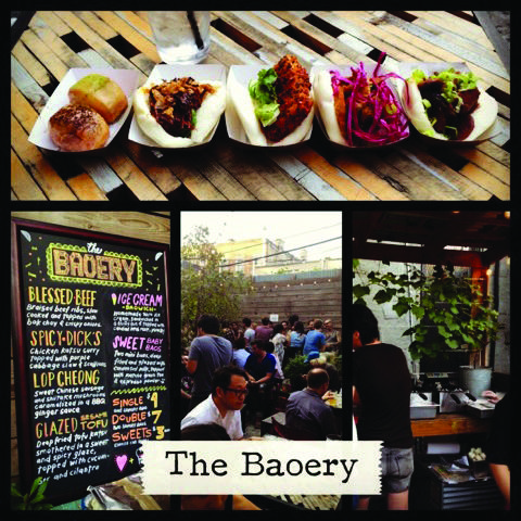 Clockwise from top: dinner baos and dessert bao, a view of the Baoery’s kitchen, customers sitting on the Trophy Bar’s patio, the Baoery’s menu. (Rex Sakamoto/The Observer)
