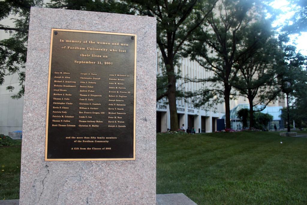 Fordham College at Lincoln Center (FCLC)s 9/11 monument lists the names of students lost in the 2001 terrorists attacks. (Sara Azoulay/The Observer)