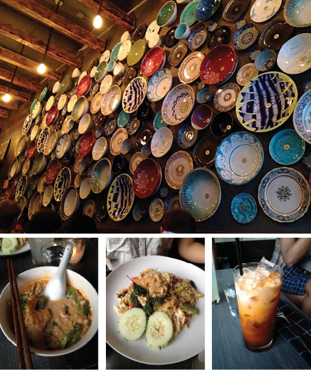 Top: A wall of ceramic bowls, Bottom Right: Tom Ka Soup, Middle: A glass of Thai Iced Tea, Bottom Left: Basil Fried Rice (Rex Sakomoto/The Observer)