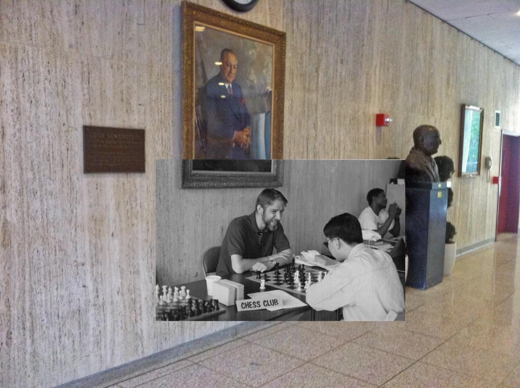 Black and white photos of Club Day 1992 laid over present-day Lowenstein Lobby reminds us all that we are not the first, or the last, to walk these halls. (Photo Illustration Ian McKenna/Observer Archival Photo).
