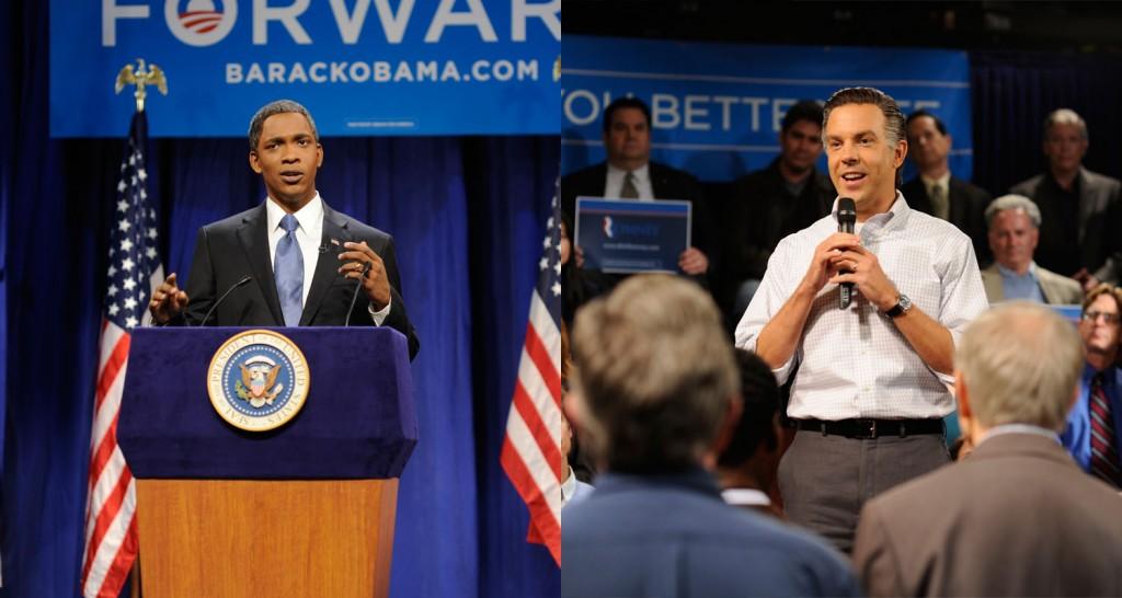 Jay Pharoah and Jason Sudeikis take on the roles of President Obama and Mitt Romney all during election season. (Courtesy of NBC/Dana Edelson/NBC)