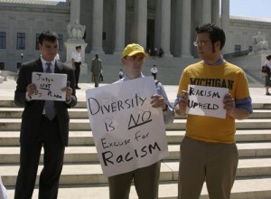 University of Michigan students protest the Supreme Court’s ruling on the use of affirmative action in college admissions, Monday, June 23, 2003. (Chuck Kennedy/KRT/MCT)