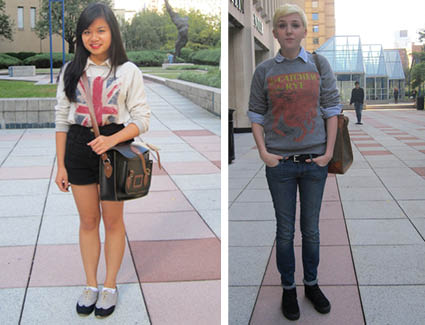 Left: Kimberly Truong, FCLC ’15, in a top and sweater from Buffalo Exchange. Right: Cassie Spain, FCLC ’15, in a top and belt from Red White & Blue and a bag from the Salvation Army. (Sherry Yuan/The Observer)
