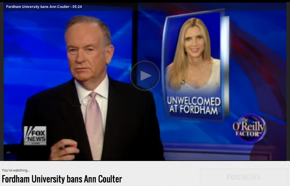 Bill OReilly, Ann Coulter, Fordham Screenshot