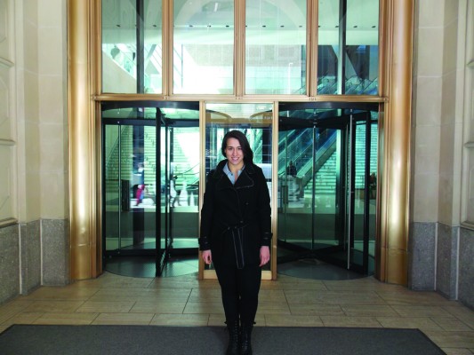 Alexa Pipia, FCLC ’14, poses outside of the Hearst Tower, home to Good Housekeeping magazine.  (Maria Fischer/The Observer)