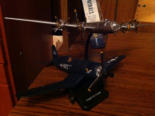 The+Vought+F4U+Corsair%2C+a+fighter+aircraft%2C+and+the+B-29+Superfortress%2C+a+heavy+bomber%2C+two+of+my+many+collectable+WWII+toy+airplanes.+%28Paulina+Tam%2FThe+Observer%29