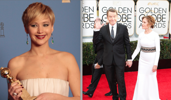 LEFT: Jennifer Lawrence backstage at the 71st Annual Golden Globe Awards show at the Beverly Hilton Hotel on Sunday, Jan. 12, 2014, in Beverly Hills, Calif. (Lawrence K. Ho/Los Angeles Times/MCT)  RIGHT: Bryan Cranston arrives for the 71st Annual Golden Globe Awards show at the Beverly Hilton Hotel on Sunday, Jan. 12, 2014, in Beverly Hills, Calif. (Wally Skalij/Los Angeles Times/MCT)