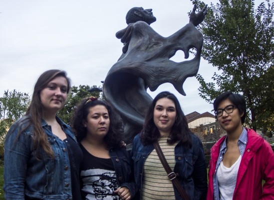 Core members of the S.A.G.E.S. coalition meet to discuss what going public means and what the next steps are. From left to right, Alexandra Leen, FCRH 14, Rachel Field, Wilmarie Cintron-Muniz and Beth Chang, all FCRH 15. (Ian McKenna/The Observer)
 