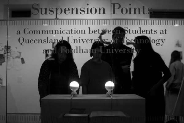Alexander Jahani, FCLC ’15, uses LED light bulbs in the exhibition “Suspension Points.” (Jason Boit / The Observer)