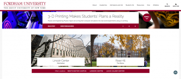 Fordham’s new homepage features staples from both campuses, like FCLC’S St. Peter the Fisherman statue. (Courtesy of fordham.edu)