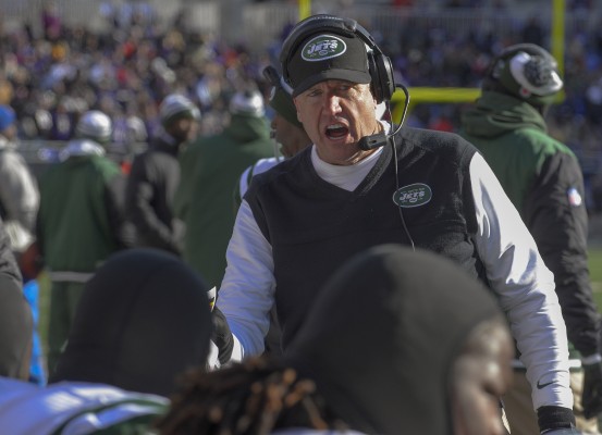 New York Jets head coach Rex Ryan talks to his defense on the bench during the first half of their game with the Ravens in Baltimore on Sunday, Nov. 24, 2013. (Doug Kapustin/MCT)