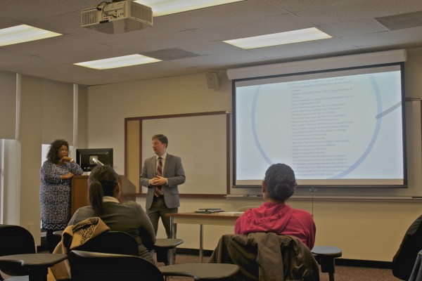 Dean Eldredge, the Dean of Students, and Ms. Jenifer Campbell, Director of Residential Life, lead a presentation and Q&A session on the policies that Fordham University has in place for reporting Title IX violations, which include sexual misconduct.  (Jess Luszczyk /The Observer) 