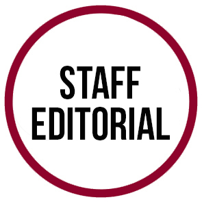 a graphic of a maroon circle with the words Staff Editorial in the center