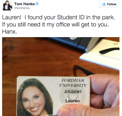 Tom Hanks found a Fordham College at Lincoln Center senior's Fordham ID.