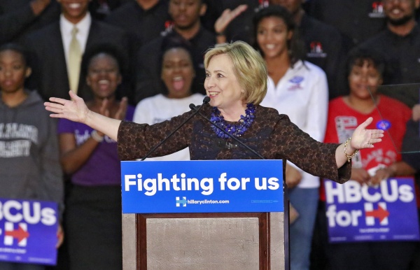 Democratic presidential candidate Hillary Clinton gives a speech during a campaign rally at Clark Atlanta University on Friday, Oct. 30, 2015, in Atlanta. (Bob Andres/Atlanta Journal-Constitution/TNS)