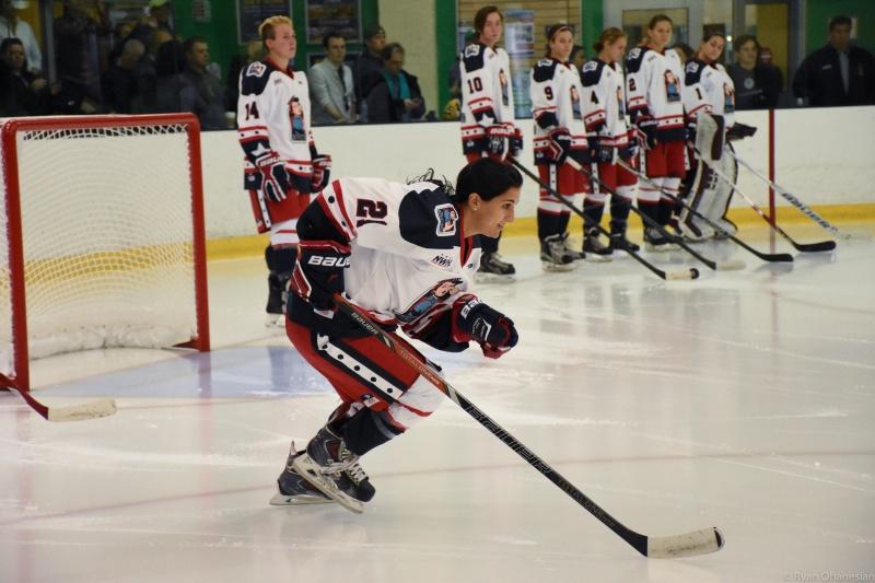 Gabie Figeuroa, number 21 for the New York Riveters, takes the ice with her team for the NWHL's first season. (Ryan Ohanesia/Via Flickr)