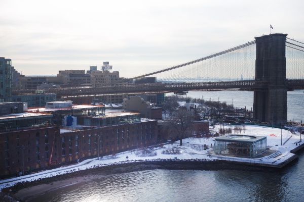 View of the Brooklyn Bridge with parts of Brooklyn covered in snow from winter storm Jonas. (Hana Keiningham/ The Observer)