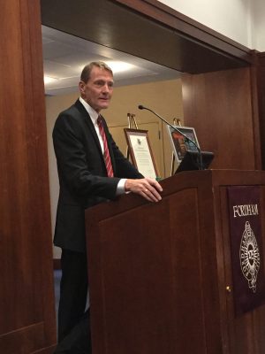 Lee Child, the inaugural Chair of Creative Writing, give a lecture in the 12th floor lounge of Lowenstein. (PHOTO BY ELIZABETH LANDRY/THE OBSERVER)