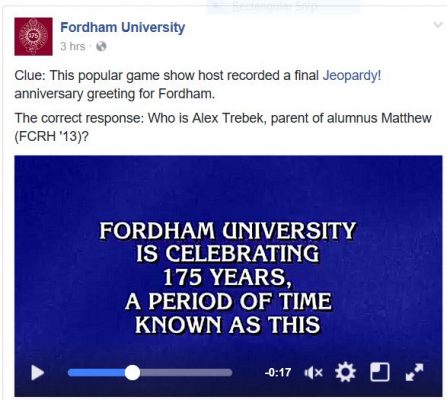 Fordham Universitys Facebook page shared a special dodransbicentennial message from Jeopardy! host Alex Trebek on Jan. 3. 