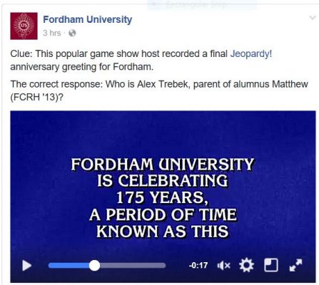 Fordham University's Facebook page shared a special dodransbicentennial message from Jeopardy! host Alex Trebek on Jan. 3. 