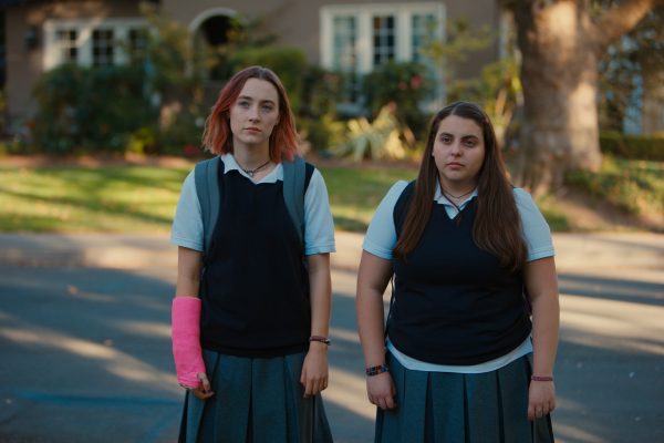Lady Bird stars Saoirse Ronan (left) as the titular character and Beanie Feldstein (right) as Julie, her best friend. (Photo by Merie Wallace, courtesy of A24)