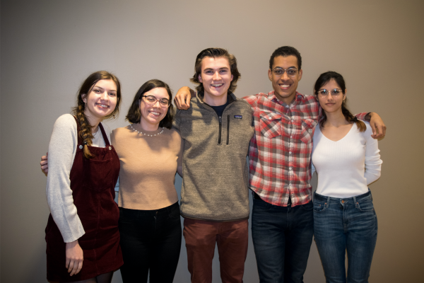 (left to right) RHA Representatives Samantha Umani, FCLC 21, Lucia Vacchiano, FCLC 20, Andrew Beecher, FCLC 21, Samuel Blackwood, FCLC 19, and Cristina Mendez, FCLC 19 worked to draft the new proposal. (LENA ROSE/THE OBSERVER)