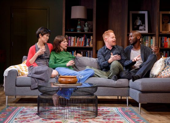 Cindy Cheung, Dolly Wells, Jesse Tyler Ferguson and Phillip James Brannon in “Log Cabin,” a new play by Jordan Harrison now open at Playwrights Horizons. (COURTESY OF JOAN MARCUS).