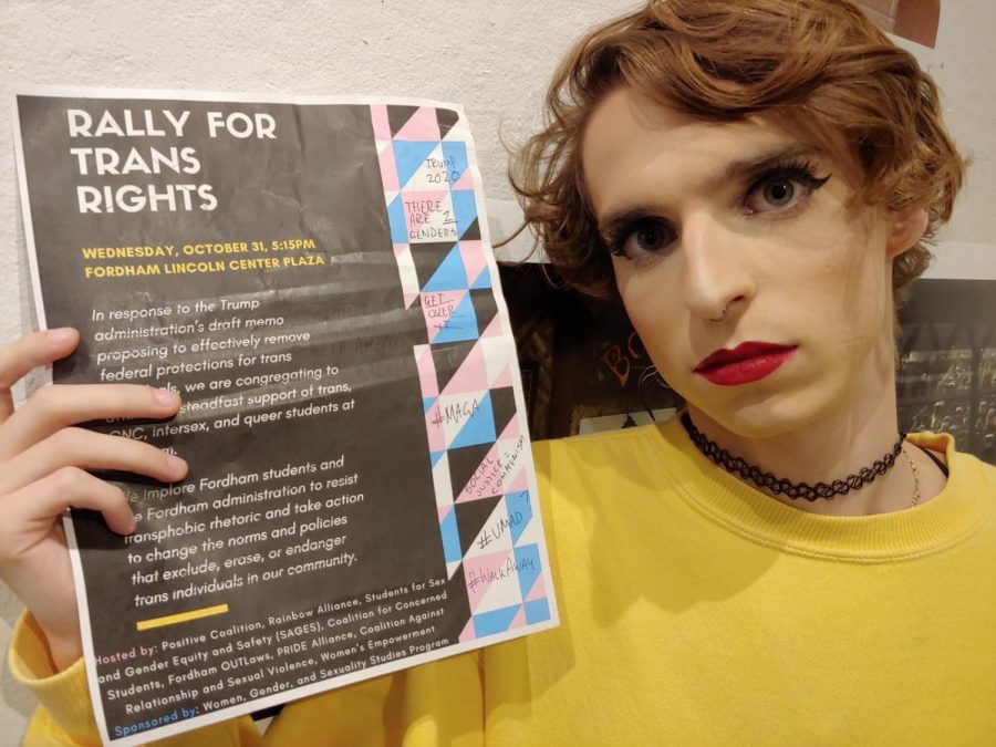 A defaced poster advertising the Rally for Trans Rights was discovered in a bathroom stalls on Nov. 1. (KEVIN CHRISTOPHER ROBLES/THE OBSERVER)