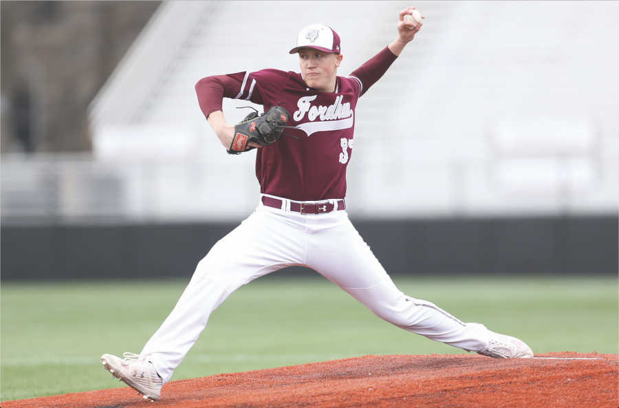 Photo courtesy of Fordham Sports 
Info
Matt Mikulski, FCRH ’21, is all business as he throws his circle change against St. Bonaventure. 