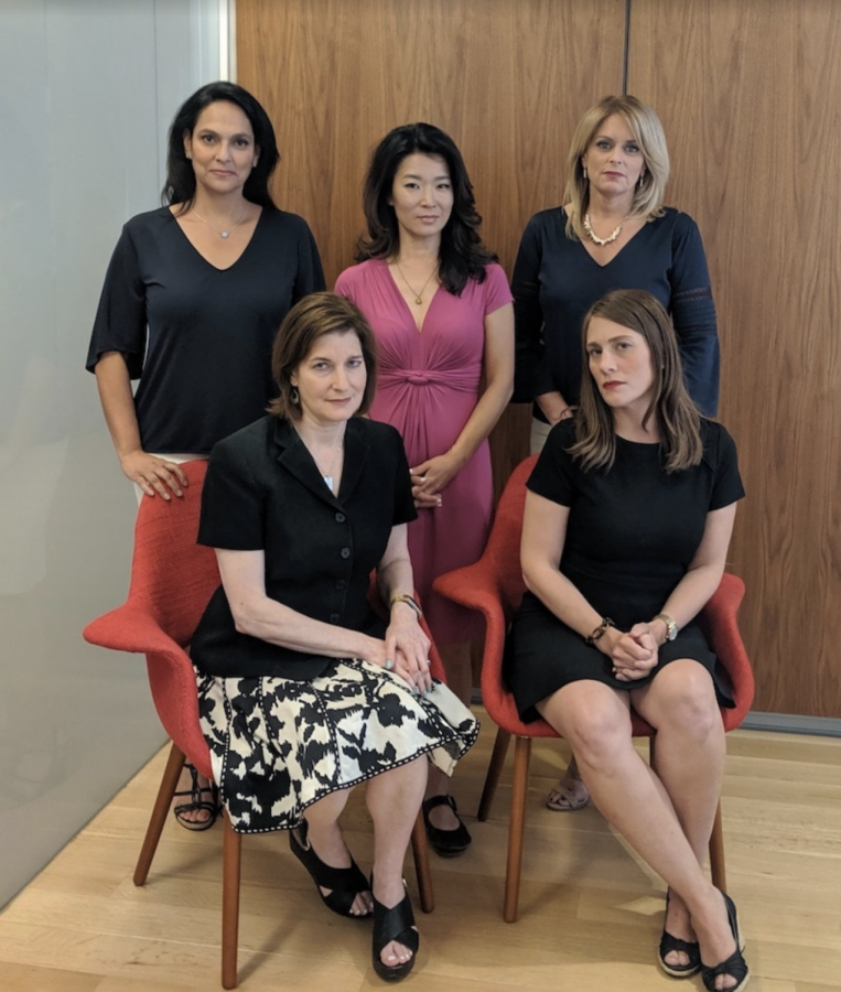 The plaintiffs of the case. From left to right (standing): Jeanine Ramirez, Vivian Lee and Kristen Shaughnessy. (Seated:) Roma Torre and Amanda Farinacci.