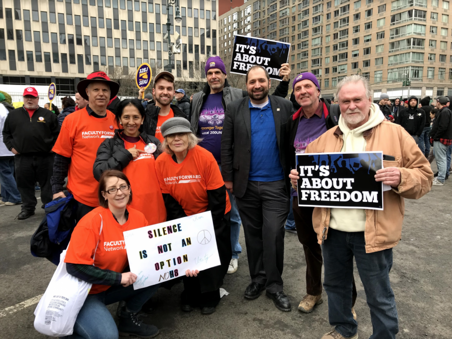 Fordham Faculty United members protesting at an event at the height of tensions during their campaign in April 2017.