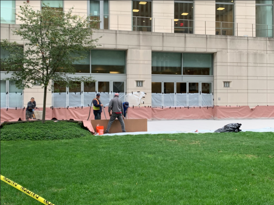 After many complaints of being blinding during the day, the floor tiles on the outdoor Plaza in front of McKeon were given a light gray coat of paint.