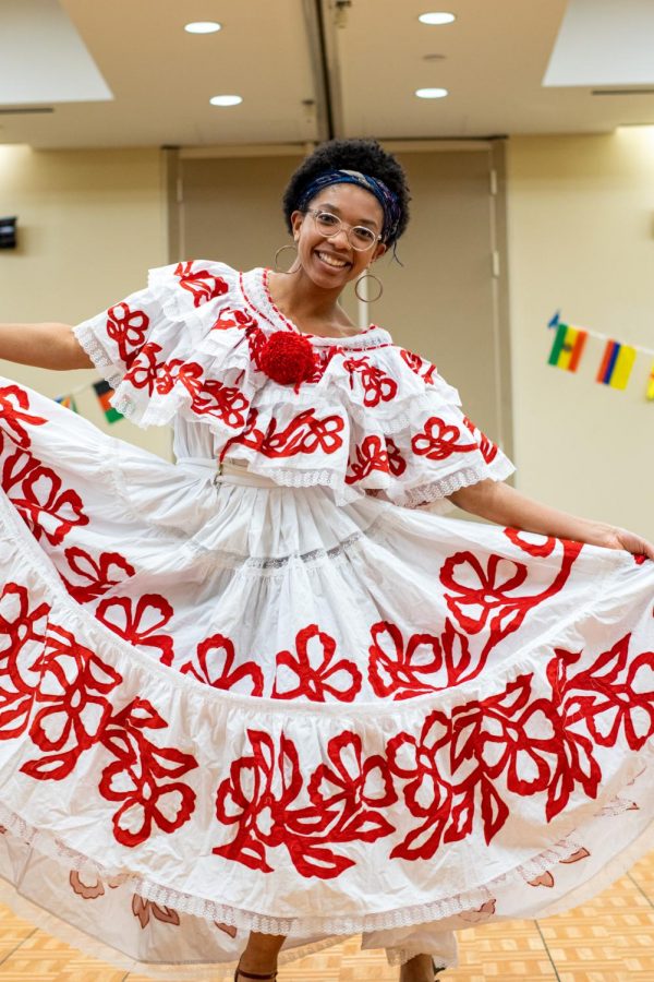Jade Appel, FCLC 21, walked the fashion show in a polleta, the national dress of Panama that exhibits traditional Panamanian stitchwork.