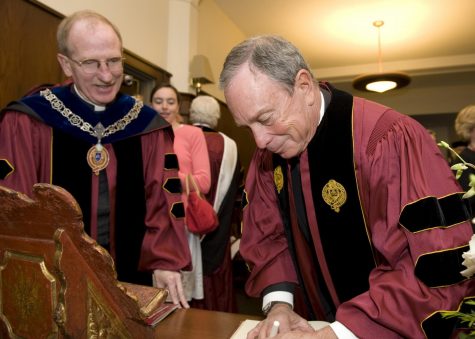 The Rev. Father McShane, S.J., seen with Michael Bloomberg during the Class of 2009 Commencement. McShane reportedly had a conversation with California Representative Juan Vargas, highly praising Mr. Bloomberg when he was running for president. 