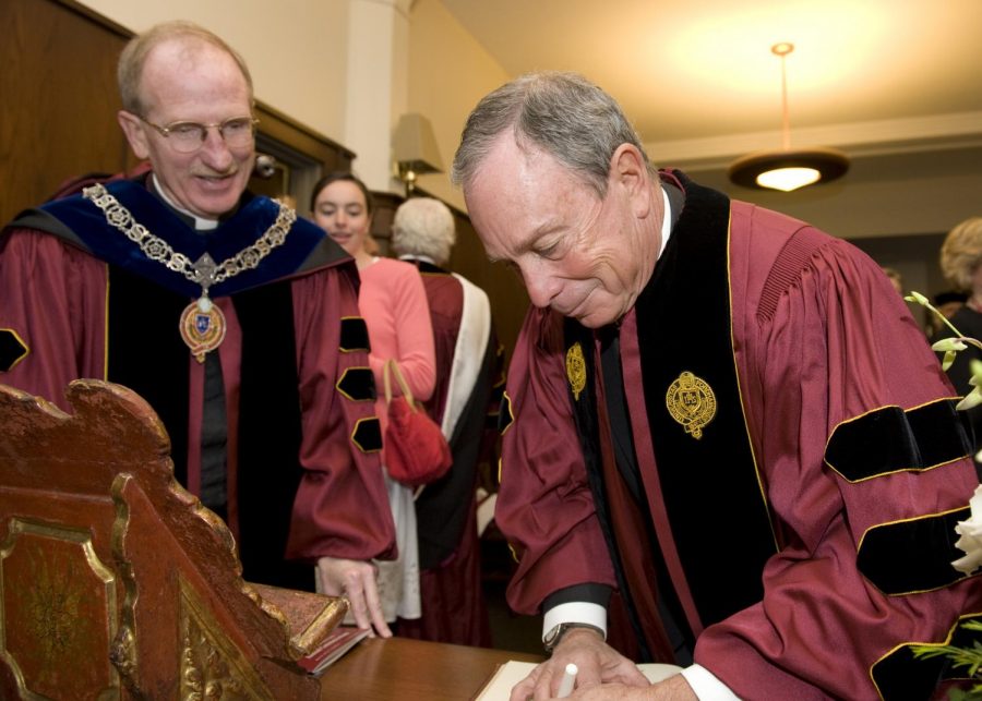 The Rev. Father McShane, S.J., seen with Michael Bloomberg during the Class of 2009 Commencement. McShane reportedly had a conversation with California Representative Juan Vargas, highly praising Mr. Bloomberg when he was running for president. 