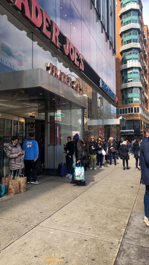 Lines are long in NYC supermarkets due to Coronavirus concerns. 