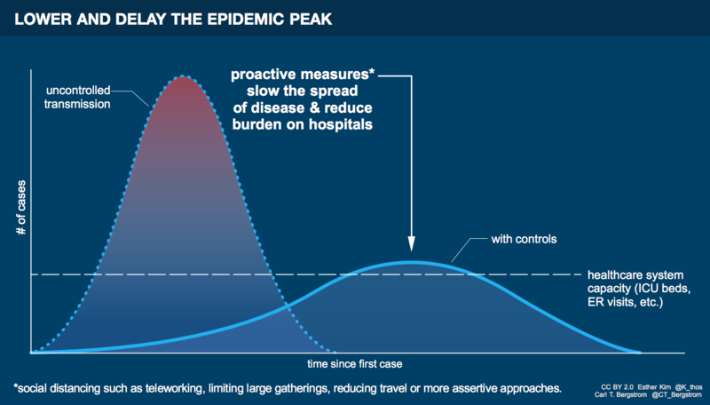 The curve plots the number of new cases against the course of the coronavirus outbreak and demonstrates the potential outcome with or without the implementation of protective measures versus without. 