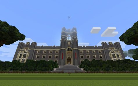 Keating Hall, pictured here, is the starting point for players when they enter the Minecraft server. The digital campus is intended to help