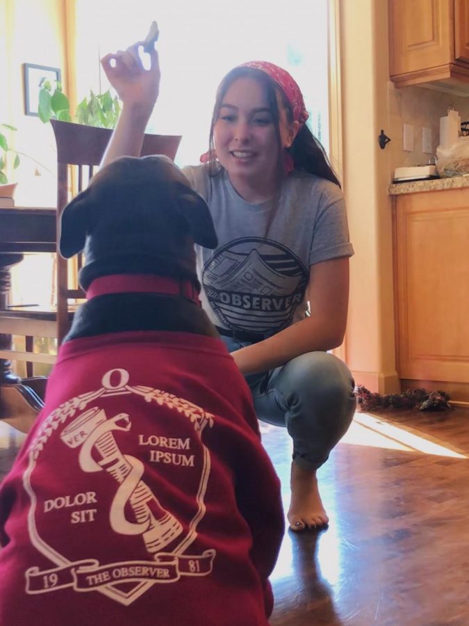 Layout Editor Maddie Sandholm, FCLC ’23, and Juno look fetching in their Observer gear.