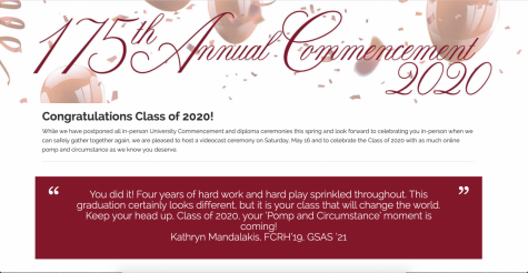 A screen capture of the commencement website congratulating seniors on finishing their undergraduate careers.