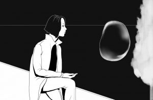 black and white drawing of a woman sitting in profile, looking at a bubble