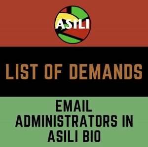graphic with the words list of demands: email administrators in asili bio