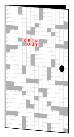 A door with crossword puzzle pattern that says