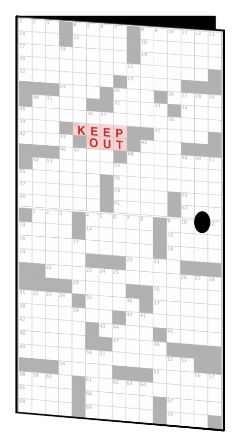 A door with crossword puzzle pattern that says keep out