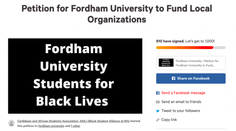 screenshot of a petition asking fordham to donate to local organizations
