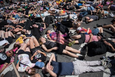 Protesters lie down in the street