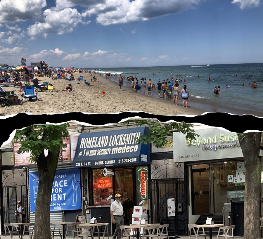 collage+of+a+crowded+beach+that+reopened+and+an+empty+new+york+street+photo