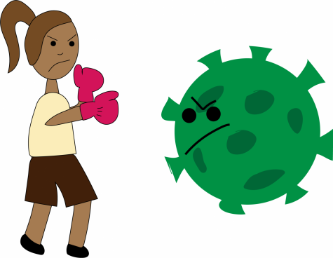 Graphic of a Girl boxing Coronavirus