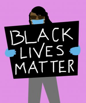 Artwork of person with face mask and gloves protesting with a BLM sign